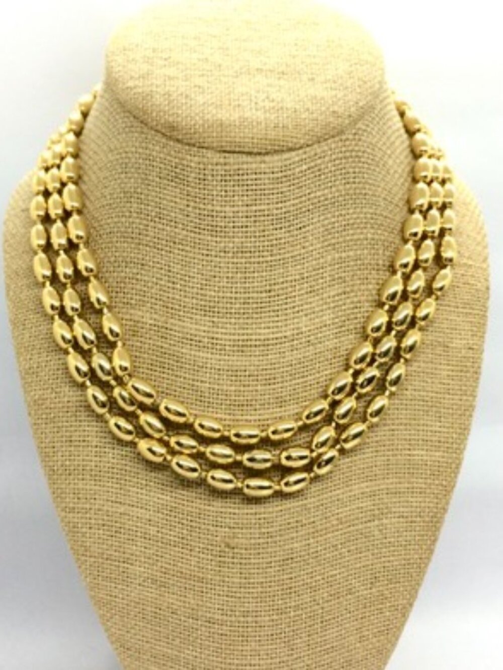 VINTAGE MONET NECKLACE Gold Tone Triple Strand Oval Bead Statement 16"